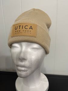 Unisex Utica Beige with Leather Patch Beanie