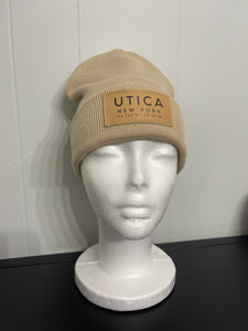 Unisex Utica Beige with Leather Patch Beanie
